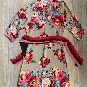 TIBI pure silk big flower dress tie waist midi mismarked size -fits like large